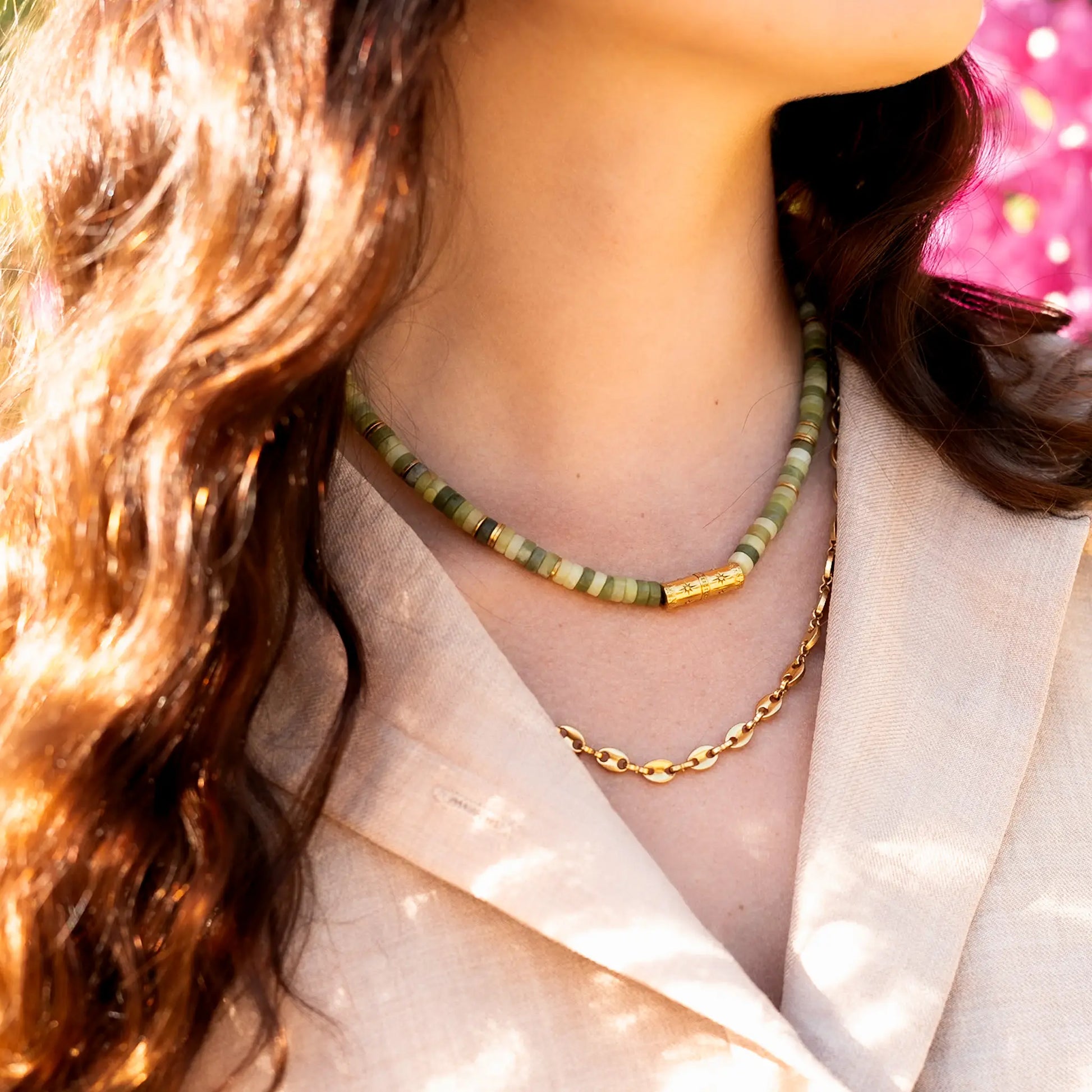 Collier Lara en jade naturelle et acier inoxydable bijou fait main à la Réunion France Maye-Mayé