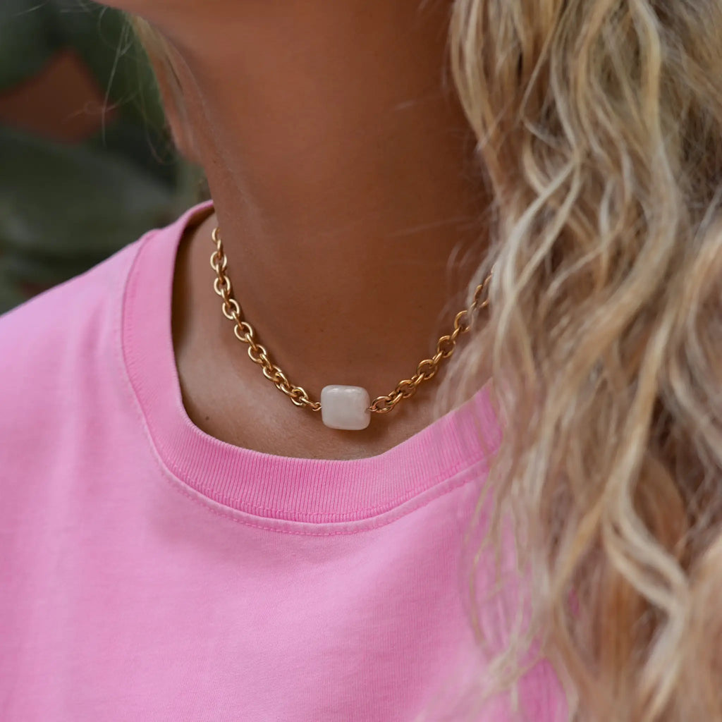 collier ras de cou Natalia en acier inoxydable et aventurine rose bijou fait main à La Réunion en France