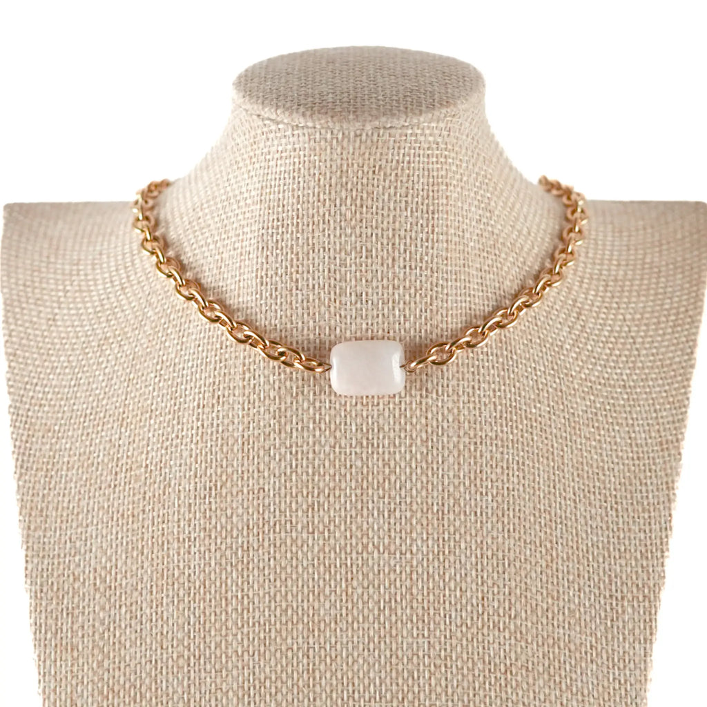 collier ras de cou Natalia en acier inoxydable et aventurine rose bijou fait main à La Réunion en France